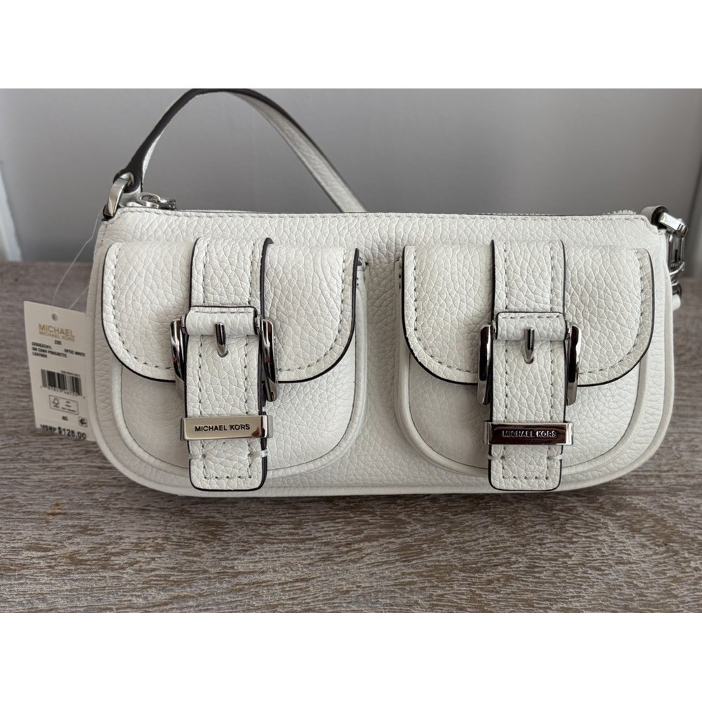NEW Michael Kors Zoe Small Convertible Pouchette White Pebbled Leather Purse Bag